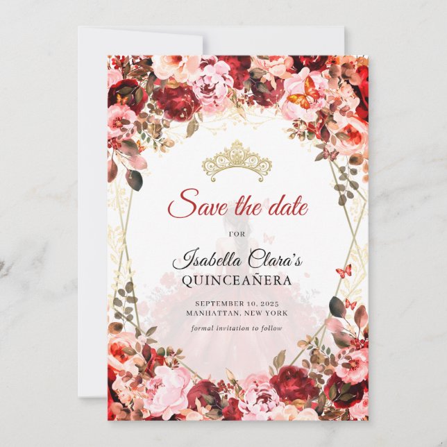 Scarlet Enchanted Floral Gold Princess Quinceanera Announcement (Front)