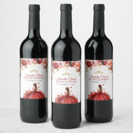 Scarlet Enchanted Floral Gold Princess Quinceanera Wine Label