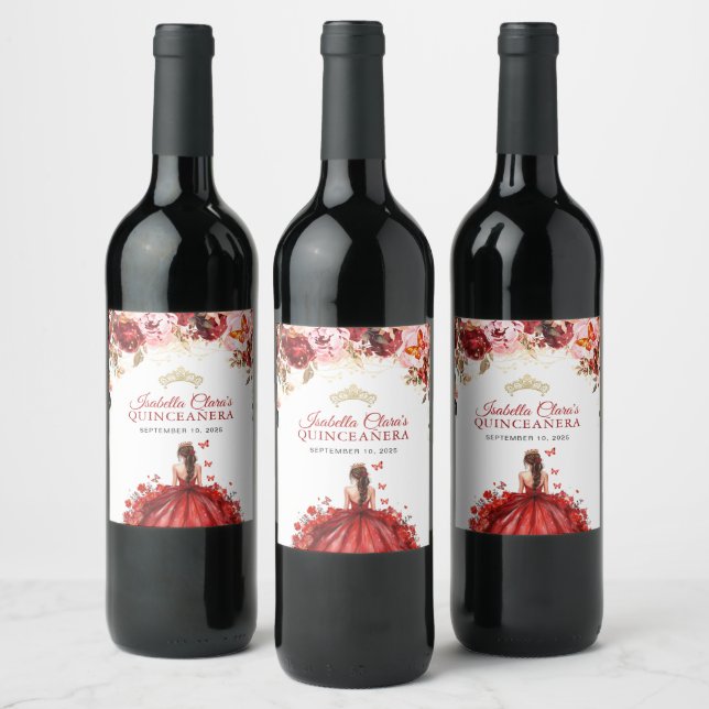 Scarlet Enchanted Floral Gold Princess Quinceanera Wine Label (Bottles)