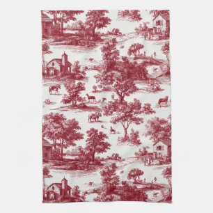 Scarlet French Country Toile Pattern Tea Towel