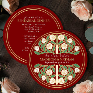 Scarlet Gold Floral Sword Royal Wedding Rehearsal Invitation