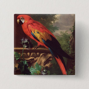 Scarlet Macaw in a Landscape (oil on canvas) 15 Cm Square Badge