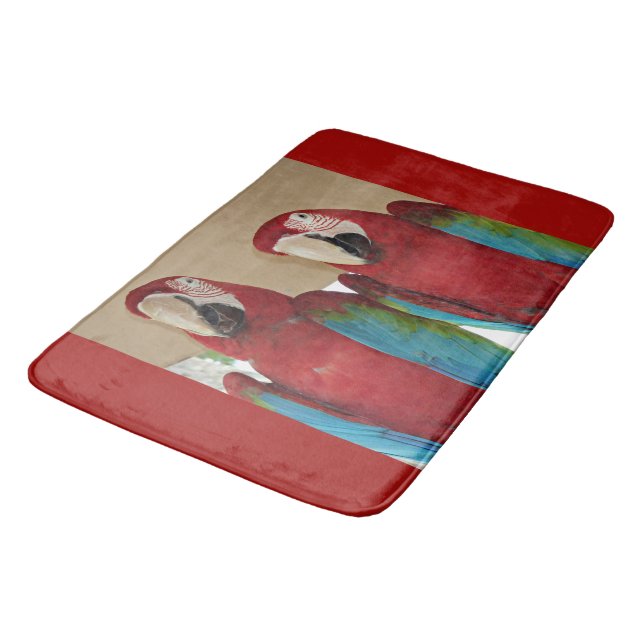 Scarlet Macaw Pair Tropical Red‑Framed Artwork Bath Mat (Angled)