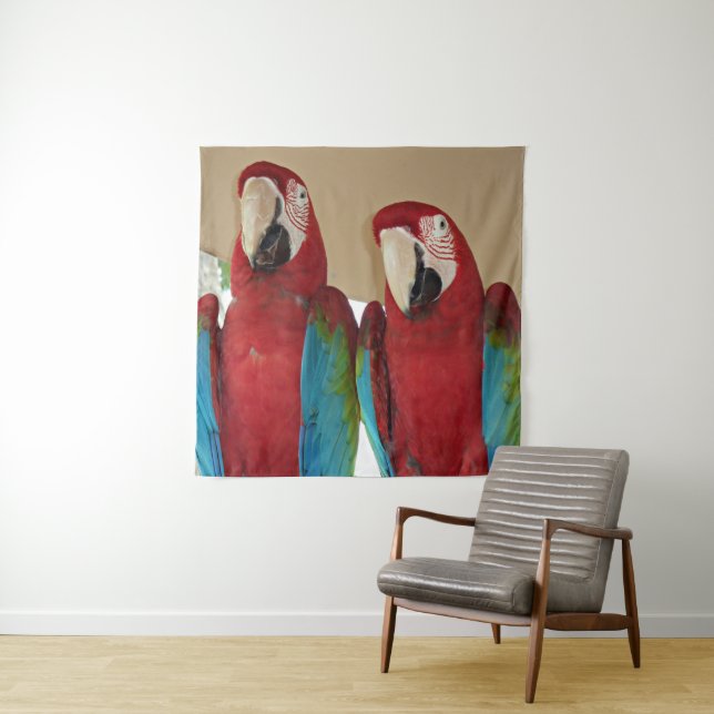 Scarlet Macaw Pair Tropical Wall Illustration Tapestry (In Situ)