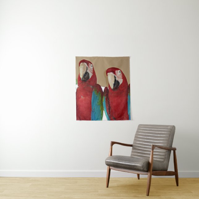 Scarlet Macaw Pair Tropical Wall Illustration Tapestry (In Situ)