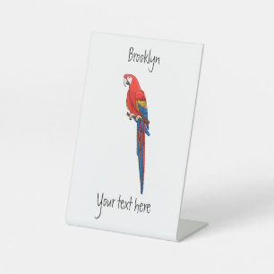 Scarlet macaw parrot cartoon illustration pedestal sign
