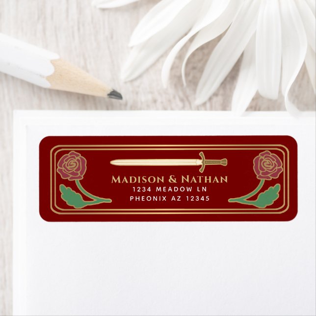Scarlet Mediaeval Fantasy Gold Sword Wedding Label (Insitu)