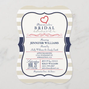 Scarlet, Navy, Eggshell Stripes Bridal Shower Invitation