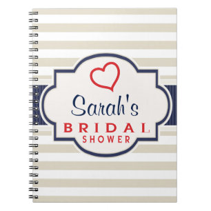 Scarlet, Navy, Eggshell Stripes Bridal Shower Spiral Notebook