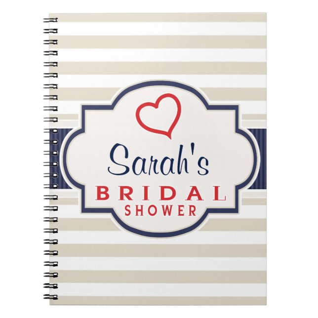 Scarlet, Navy, Eggshell Stripes Bridal Shower Spiral Notebook (Front)
