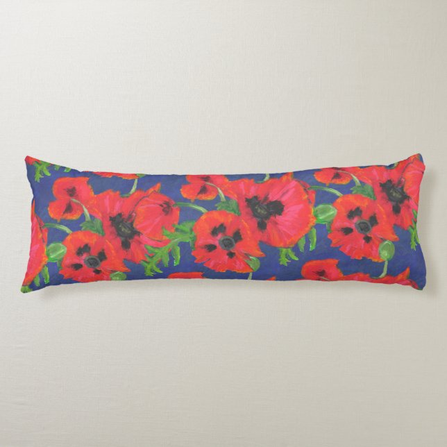Scarlet Oriental Poppies Pattern on Blue Body Cushion (Front)