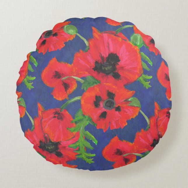Scarlet Oriental Poppies Pattern on Blue Round Cushion (Front)