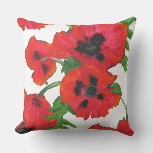 Scarlet Oriental Poppies Pattern on White Cushion