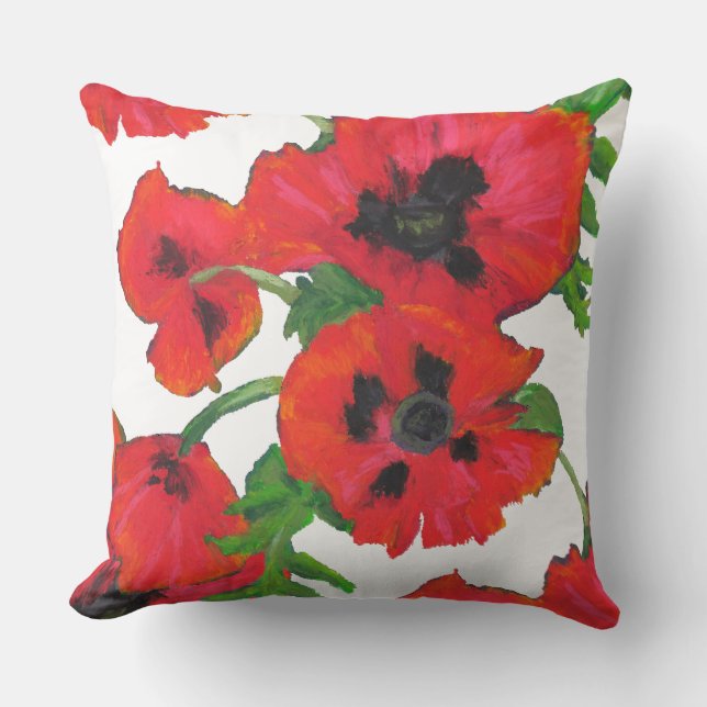 Scarlet Oriental Poppies Pattern on White Cushion (Front)