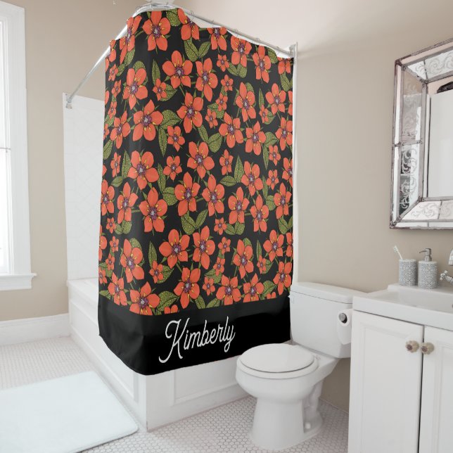 Scarlet Pimpernel Watercolor Monogram Shower Curtain (In Situ)
