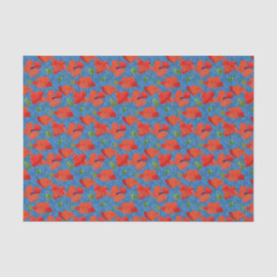 Scarlet Poppies Floral Pattern on Leafy Blue Tissue Paper