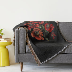 scarlet poppies on a black background clock throw blanket