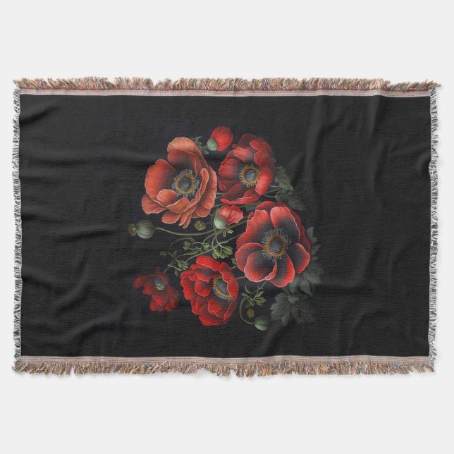  scarlet poppies on a black background clock throw blanket (Front)