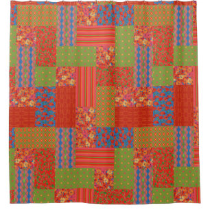 Scarlet Poppies Patterns Nostalgic Faux Patchwork Shower Curtain