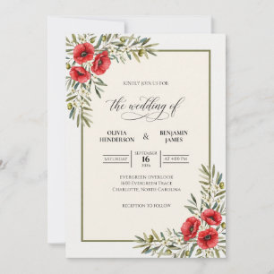 Scarlet Poppy Foliage Wedding Invitation