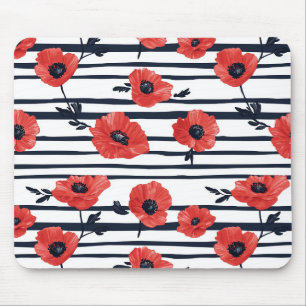 Scarlet Poppy Navy Stripe Modern Botanical Mouse Pad