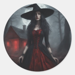 Scarlet red and black moody witch Halloween Classic Round Sticker