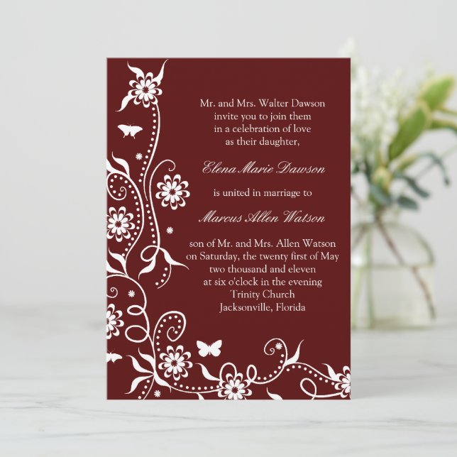 Scarlet Red Floral Swirl Wedding Invitation (Standing Front)