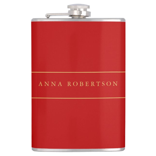 Scarlet Red Gold Colours Add Name Script Hip Flask (Front)