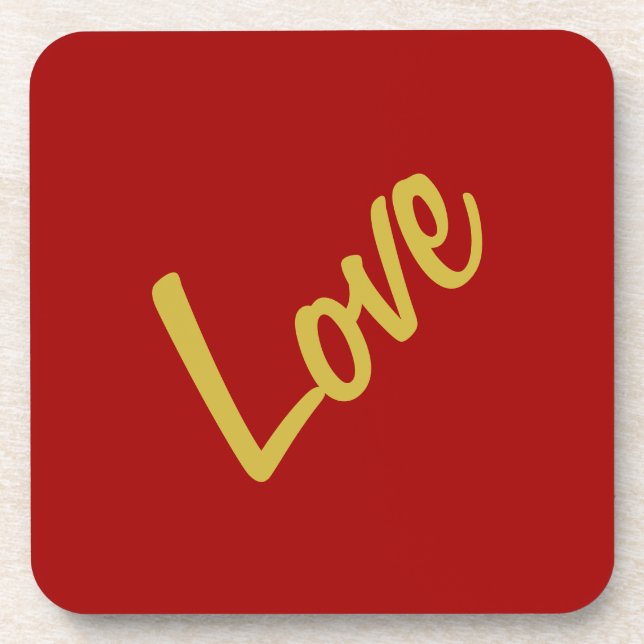 Scarlet Red Gold Colours Love Wedding Calligraphy Coaster (Front)