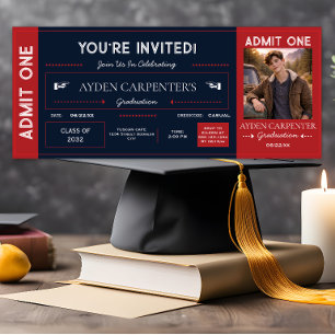 Scarlet Red & Navy Graduation Faux Ticket   Invita Invitation