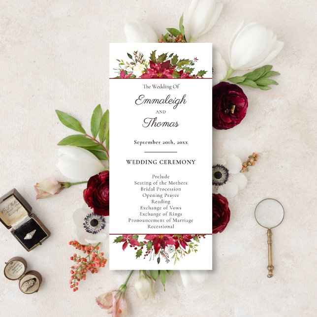 Scarlet Red Poinsettia Floral Wedding Programme (Creator Uploaded)