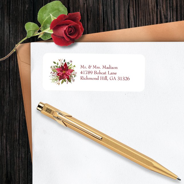 Scarlet Red Poinsettia Florals Return Address (Creator Uploaded)