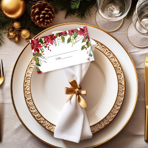 Scarlet Red Poinsettia Florals Wedding Place Card