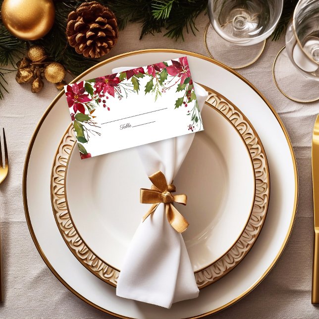 Scarlet Red Poinsettia Florals Wedding Place Card (Creator Uploaded)