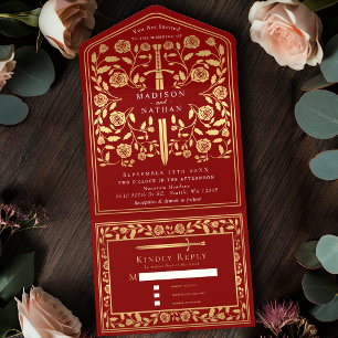 Scarlet Red Royal Mediaeval Sword Wedding  All In One Invitation