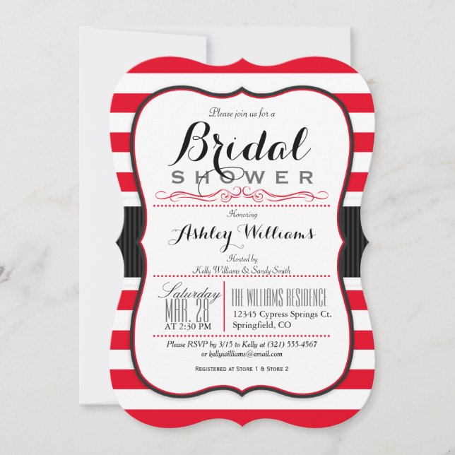 Scarlet Red Stripes; Elegant Bridal Shower Invitation (Front)