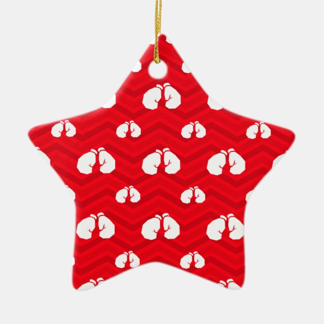 Scarlet Red, White, Chevron, Boxer, Boxing Gloves Ceramic Tree Decoration (Front)