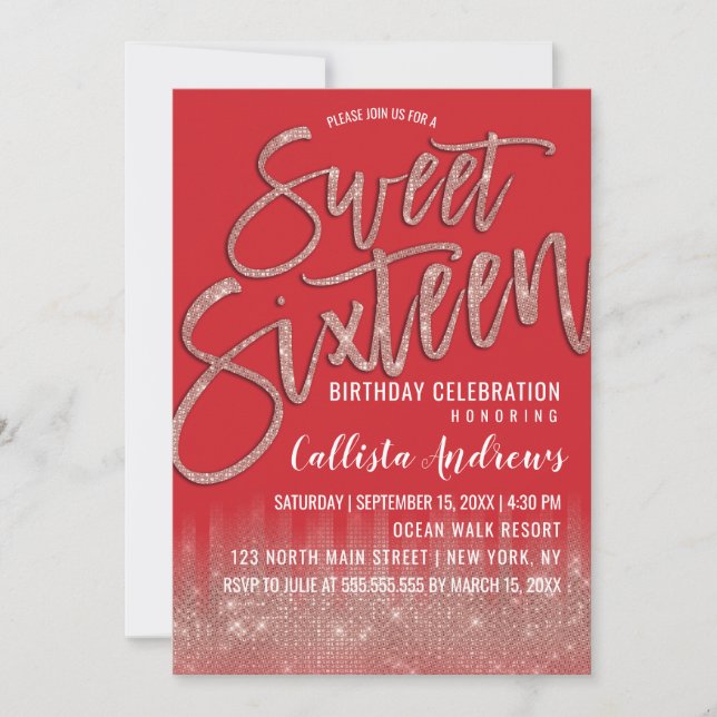 Scarlet Rose Gold Glitter Typography Sweet 16 Invitation (Front)