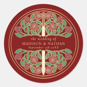 Scarlet Royal Mediaeval Gold Sword Wedding  Classic Round Sticker