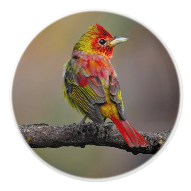 Scarlet Tanager Molting - Original Photograph Ceramic Knob (Front)
