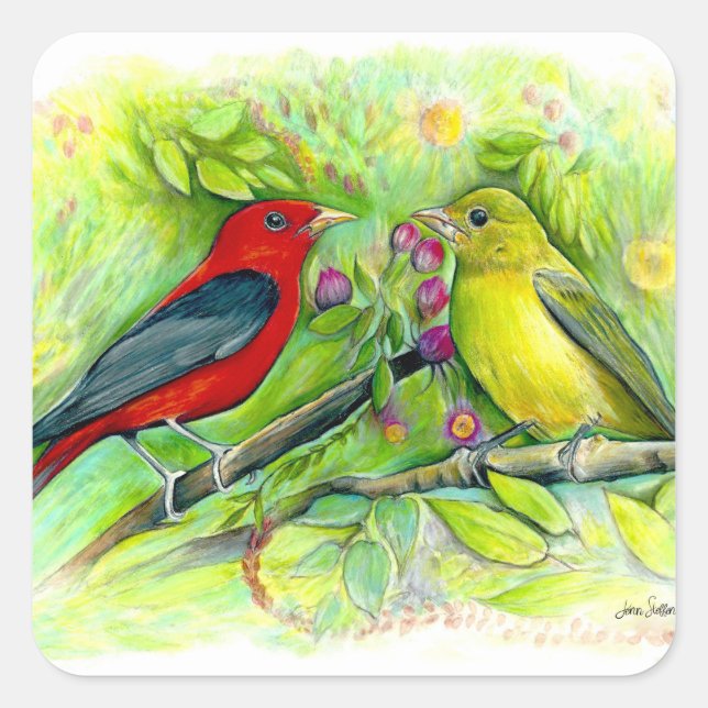 Scarlet Tanagers Bird Art Square Sticker (Front)