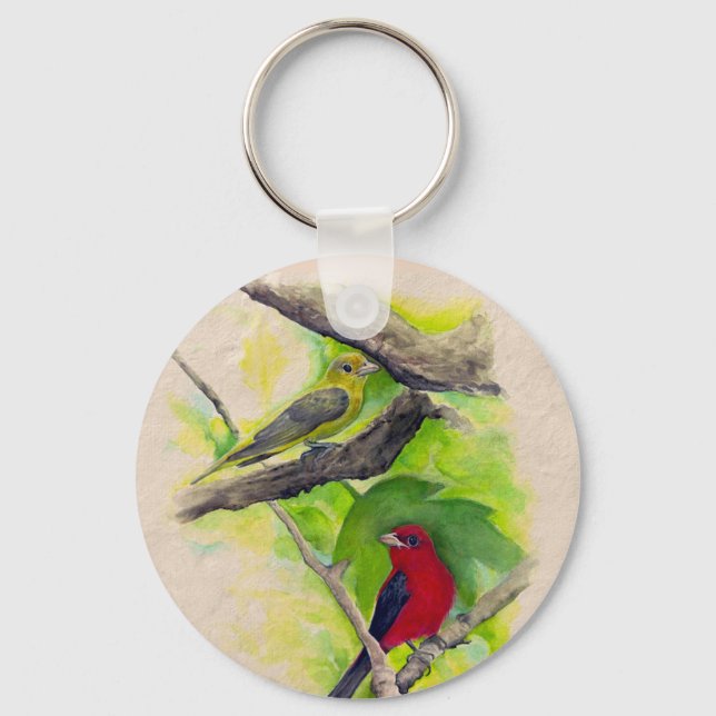 Scarlet Tanagers Birds Watercolor Painting Key Ring (Front)