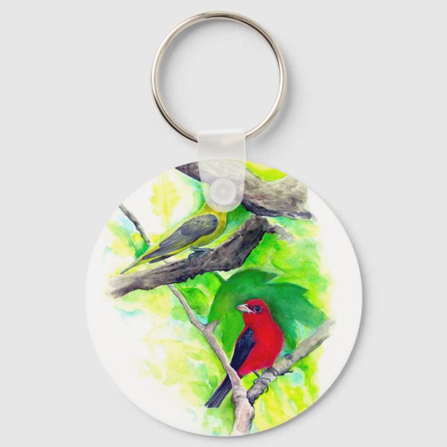 Scarlet Tanagers Birds Watercolor Painting Key Ring (Front)