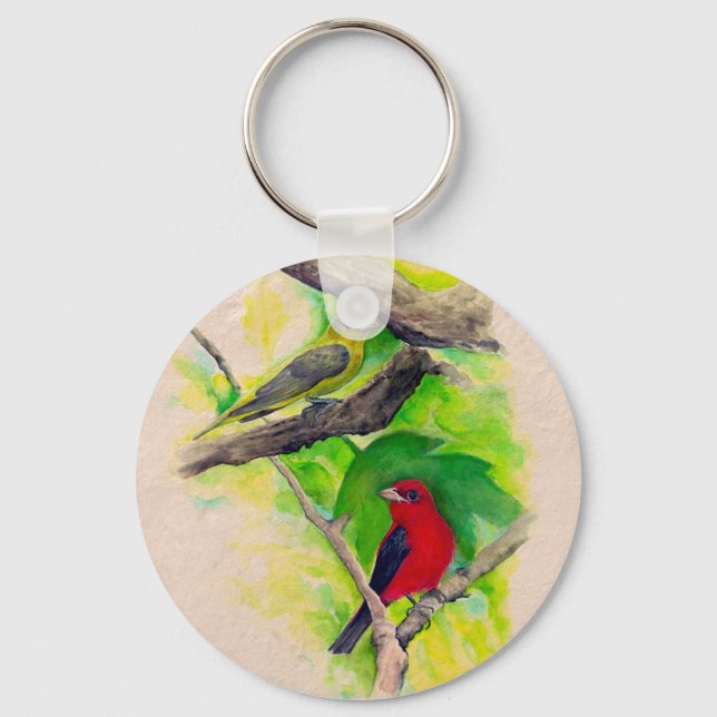 Scarlet Tanagers Birds Watercolor Painting Keychai Key Ring (Front)