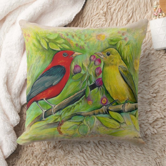  Scarlet Tanagers Watercolor Art Cushion (Blanket)