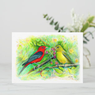 Scarlet Tanagers Watercolor Coloured Pencil Drawin Card