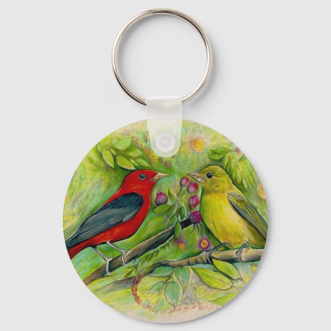 Scarlet Tanagers Watercolor Coloured Pencil Drawin Key Ring (Front)