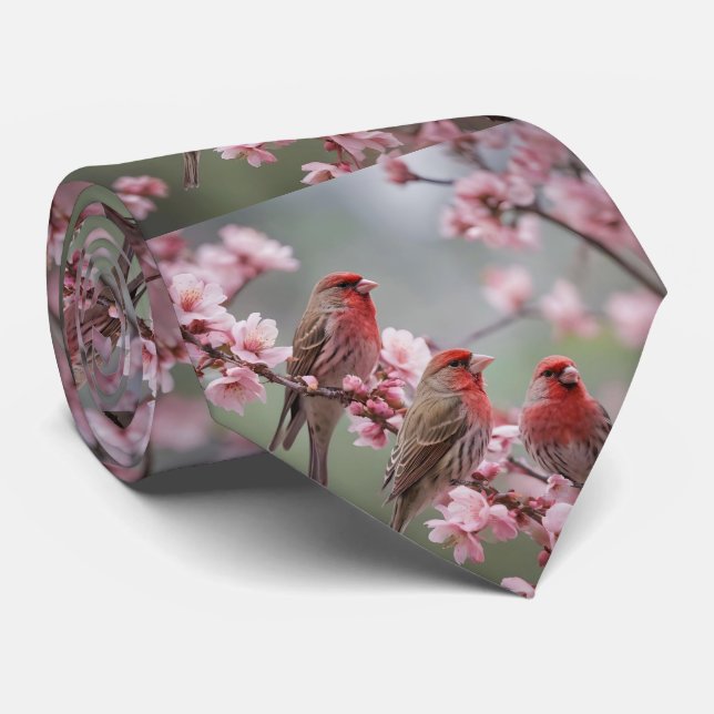 "Scarlet Trio: Red Finches Among Pink Blossoms" Tie (Rolled)