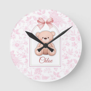Scarlett Custom Pink Teddy Bear Nursery Design Round Clock