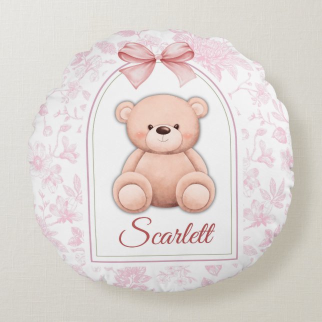 Scarlett | Custom Pink Teddy Bear Nursery Design  Round Cushion (Front)
